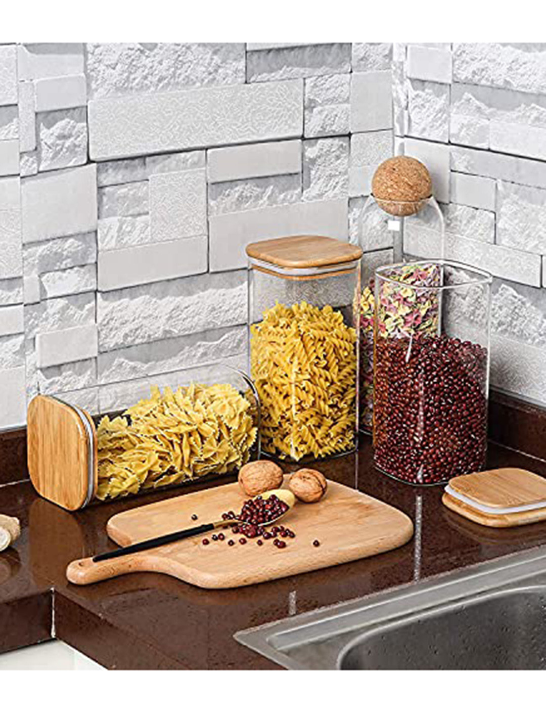 Femora Set Of 4 Transparent Solid Borosilicate Glass Bamboo Lid Air Tight Jar 450 ml