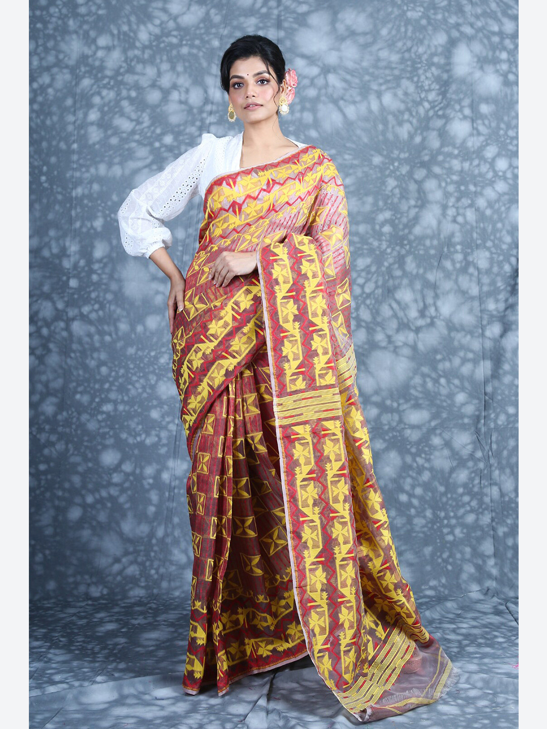 Charukriti Brown & Yellow Silk Cotton Jamdani Saree