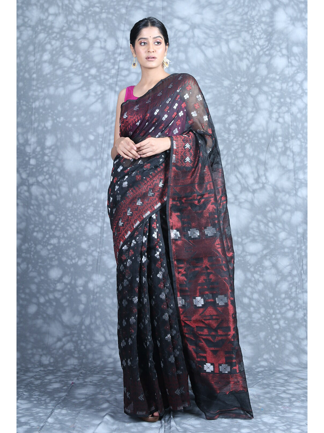 Charukriti Black & Maroon Woven Design Zari Silk Cotton Jamdani Saree