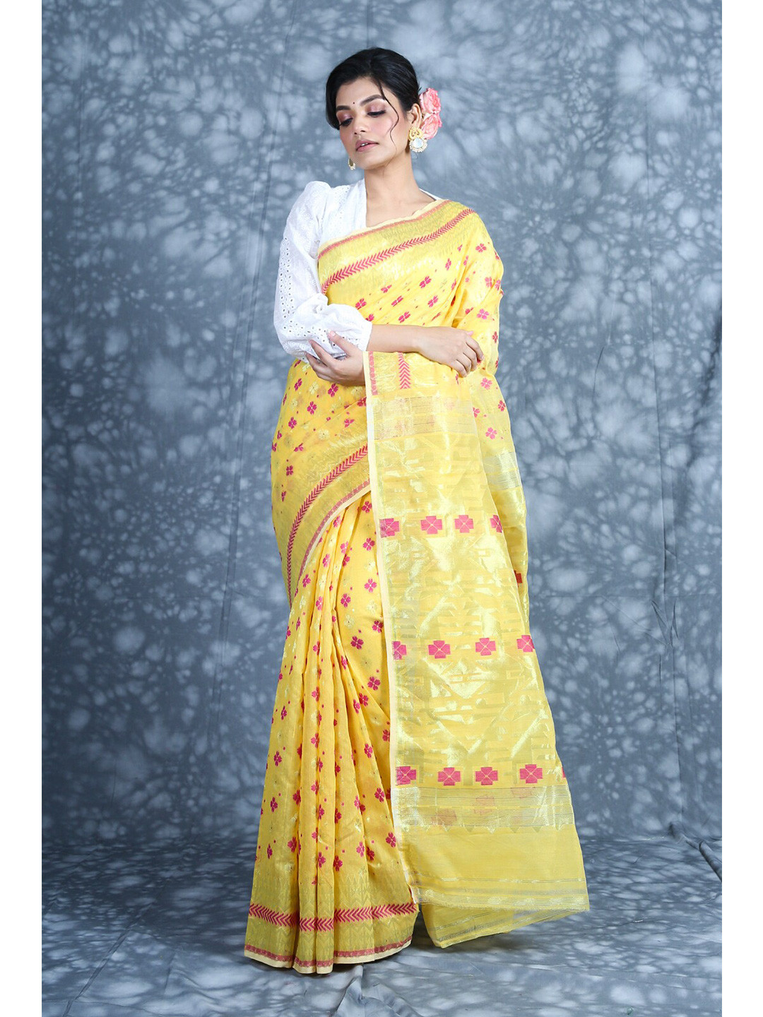 Charukriti Yellow & Fuchsia Ethnic Motifs Zari Silk Cotton Jamdani Saree