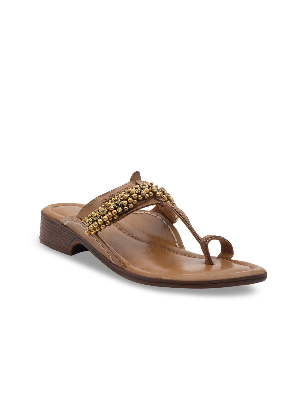 5 ELEMENTS Women Brown Ghungroo Embellished One Toe Kolhapuri Flats