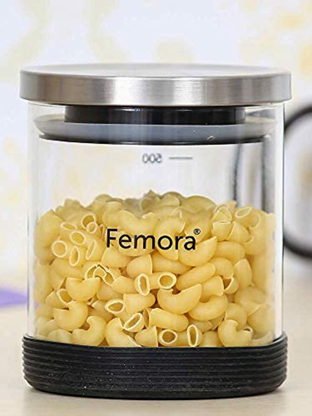 Femora Transparent Typography Borosilicate Glass Air Tight 2 Piece Clip-On Jar-500ml