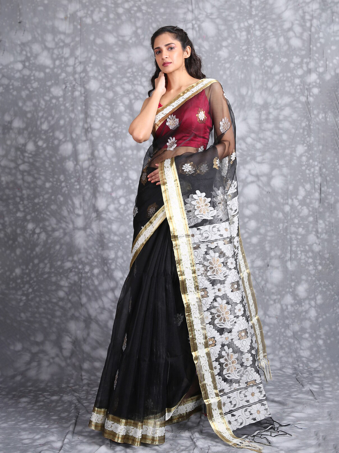 Charukriti Black & White Woven Design Saree