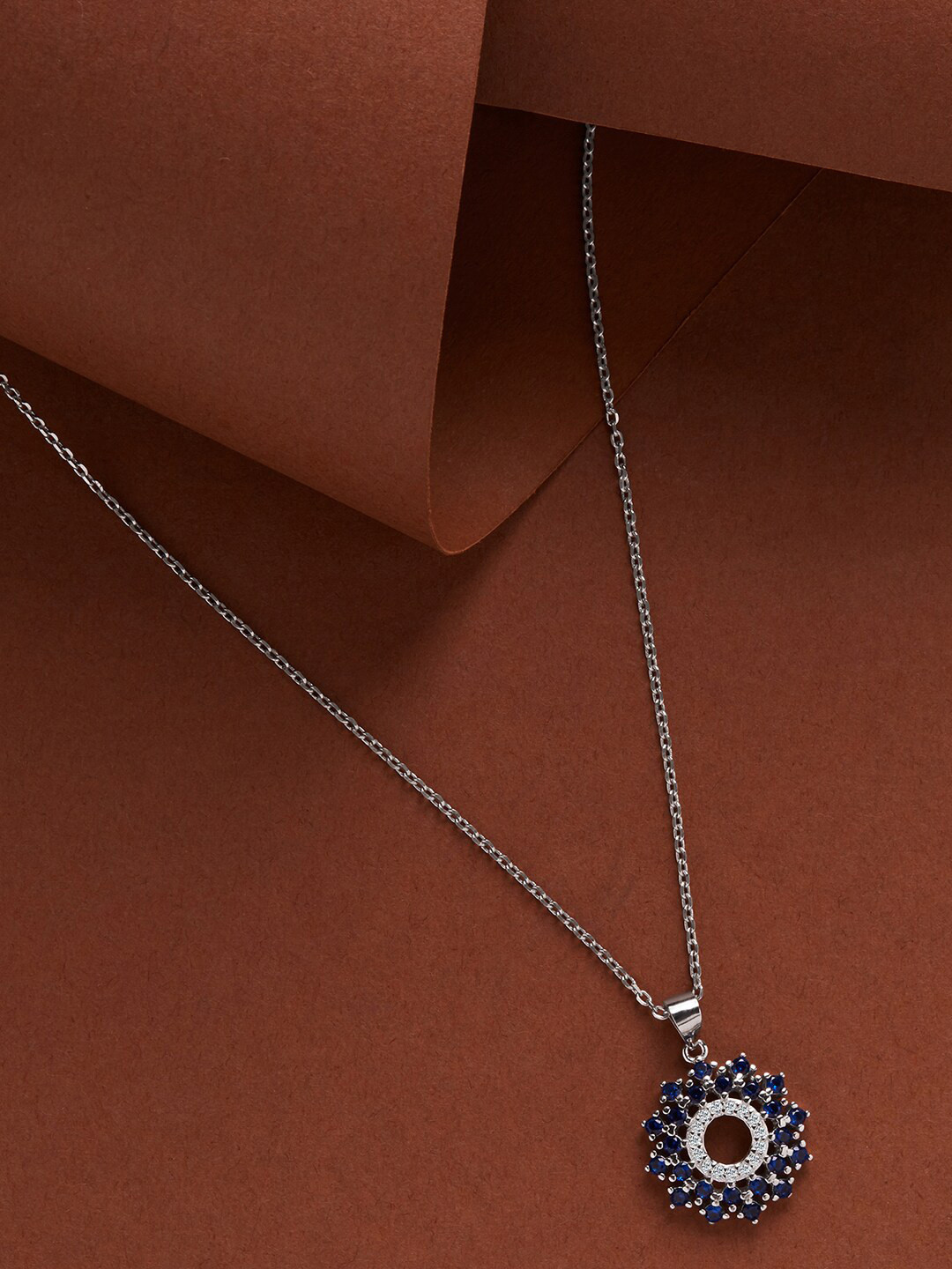 GIVA 925 Sterling Silver Rhodium Plated Radiant Blue Flower Pendant With Link Chain