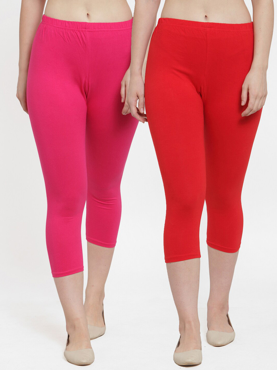 GRACIT Women Set Of 2 Red & Fuchsia Combed Cotton Capris