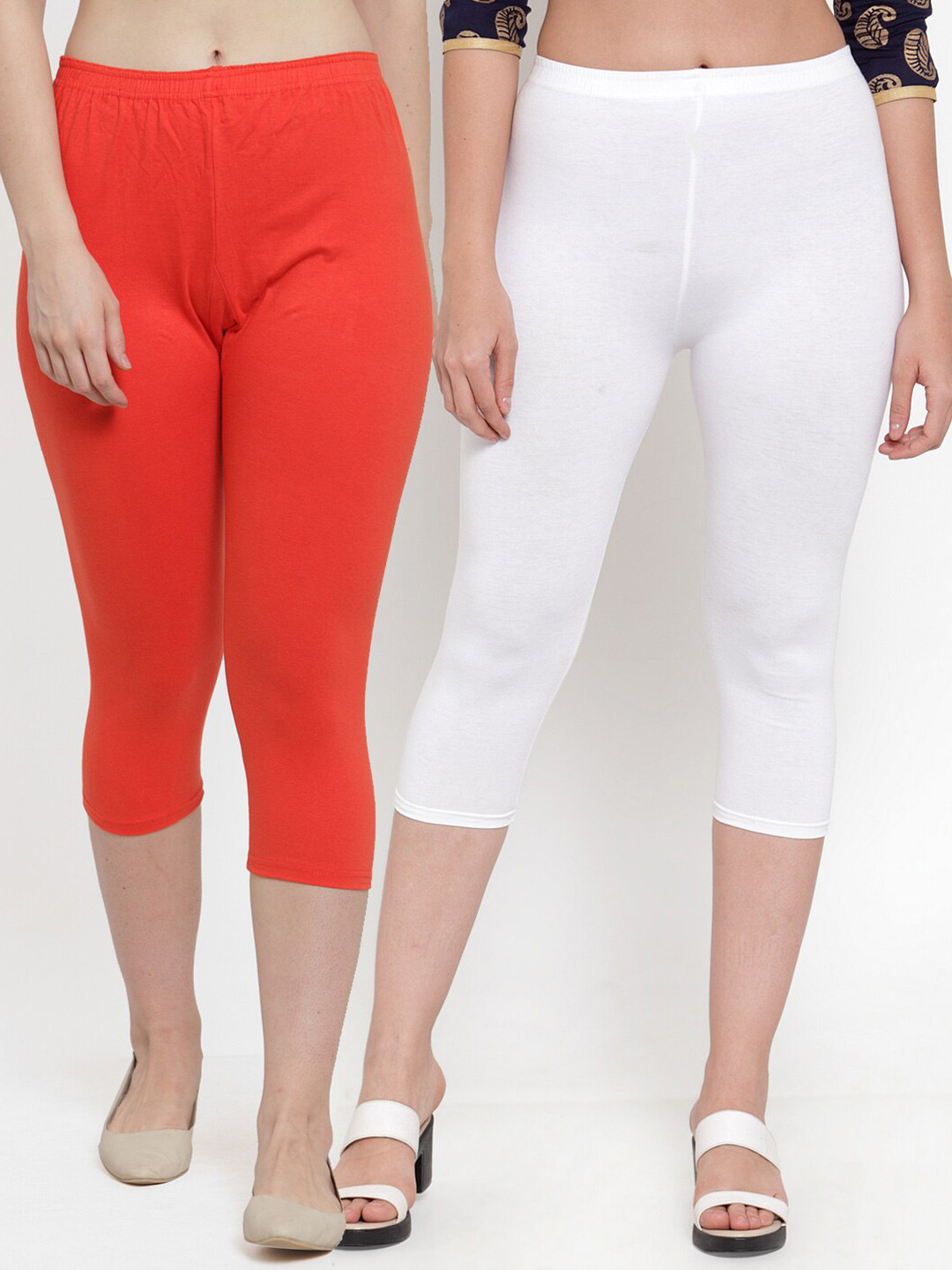 GRACIT Women Set Of 2 White & Orange Combed Cotton Capris