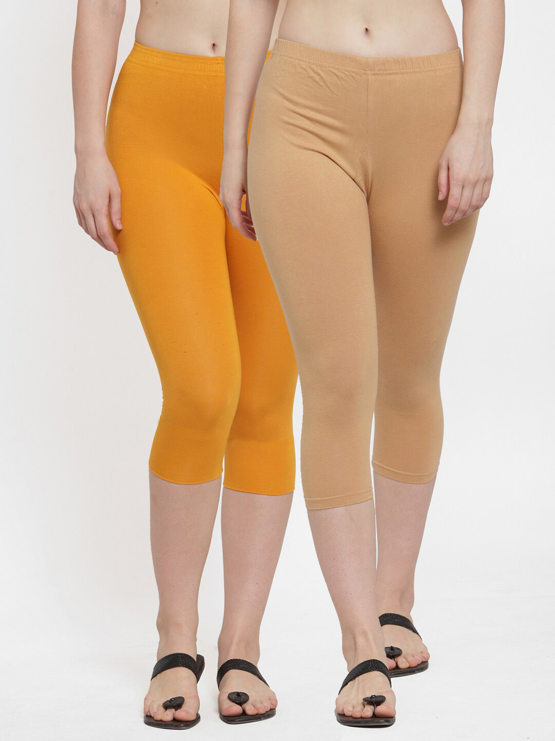 GRACIT Women Beige & Yellow Set Of 2 Solid Cotton Capris