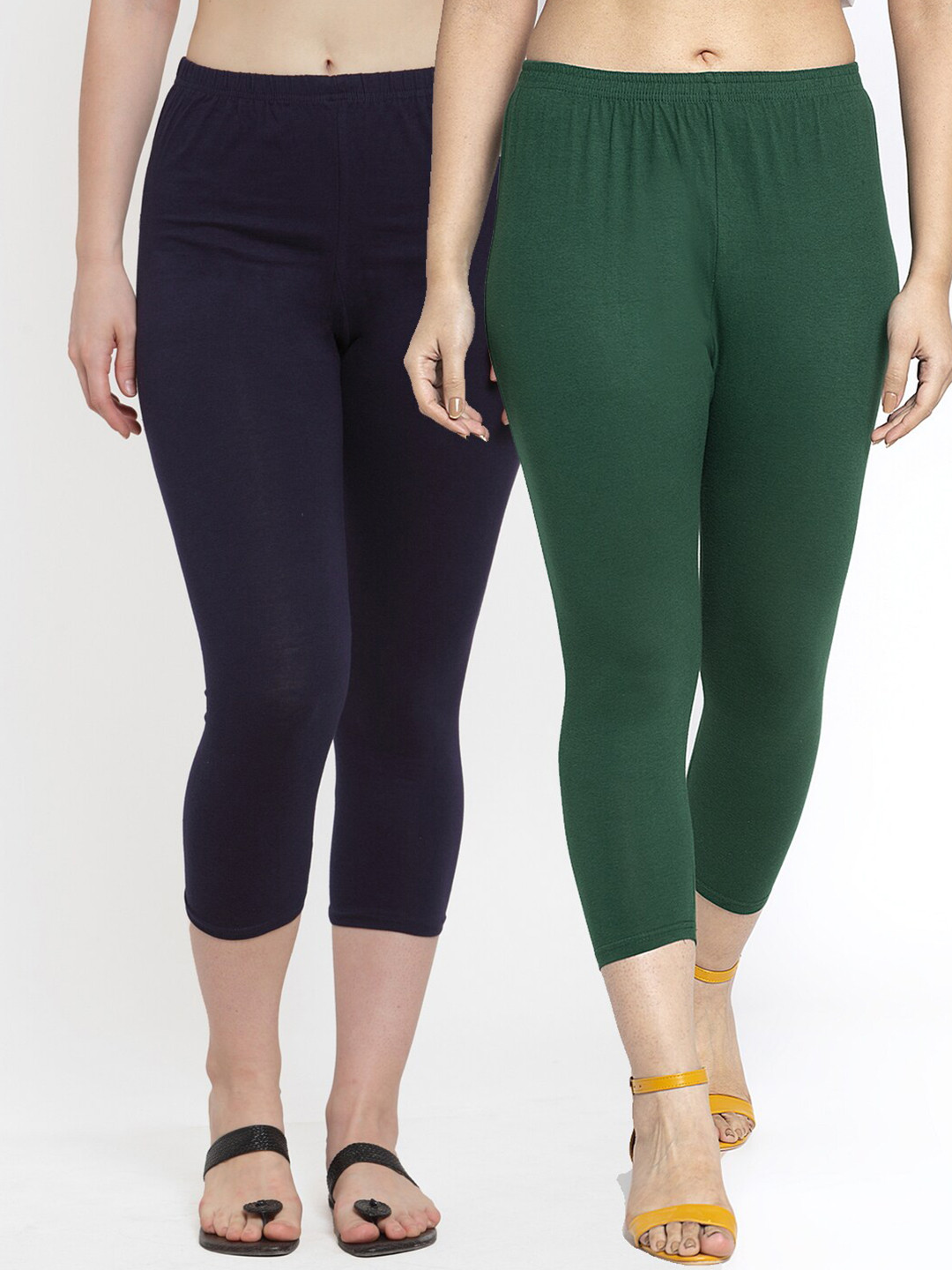 GRACIT Women Green & Navy Blue Cotton Lycra Capris