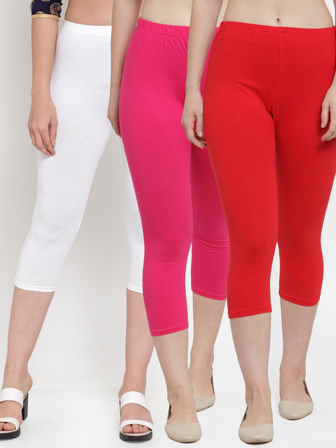 GRACIT Women White & Red Set of 3 Solid Slim Fit Capris