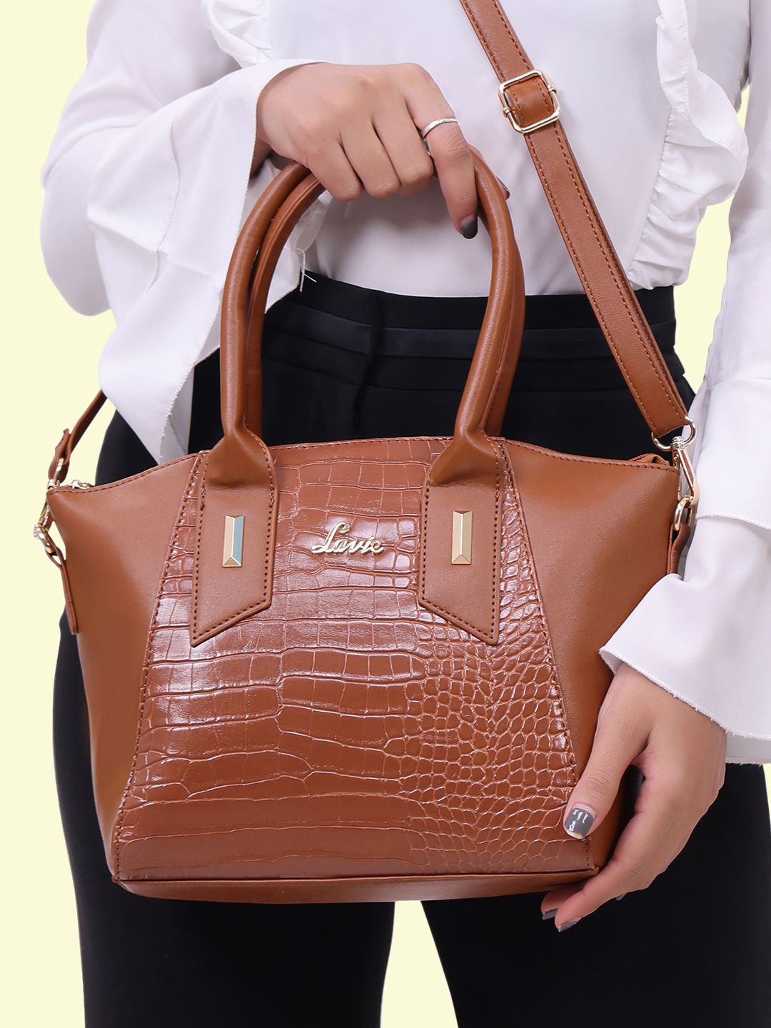 Lavie Glossy Pammy Tan Brown Animal Textured Structured Handheld Bag