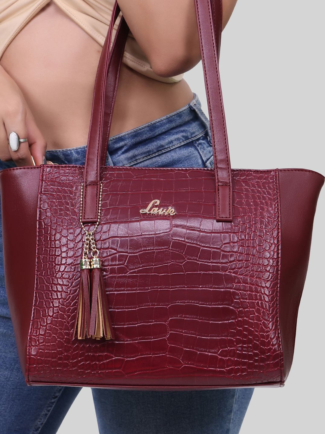 Lavie Betty Maroon Animal Textured Structured Shoulder Bag with Glossy Tasselled Detail