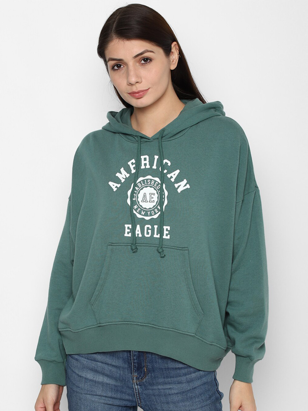 AMERICAN EAGLE OUTFITTERS Women Green Printed Hooded Sweatshirt