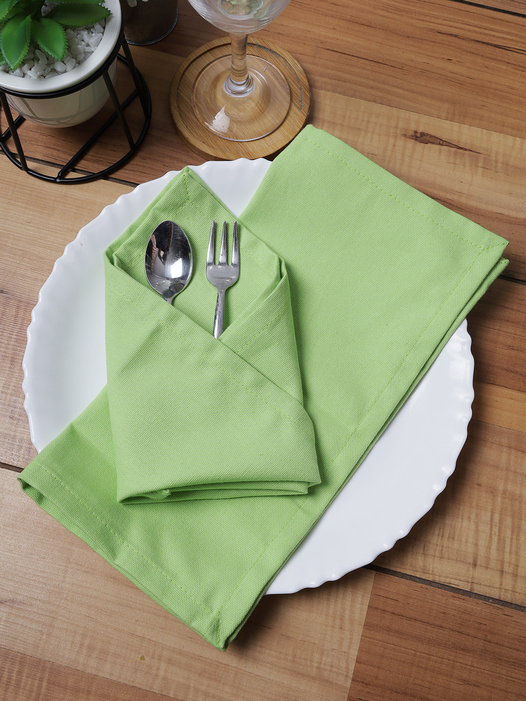 Soumya Set Of 6 Lime Green Solid Pure Cotton Table Napkins