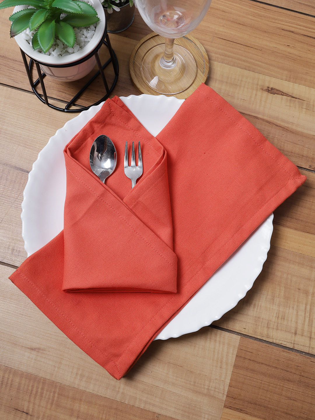 Soumya Peach-Coloured Set Of 6 Solid Pure Cotton Table Napkins