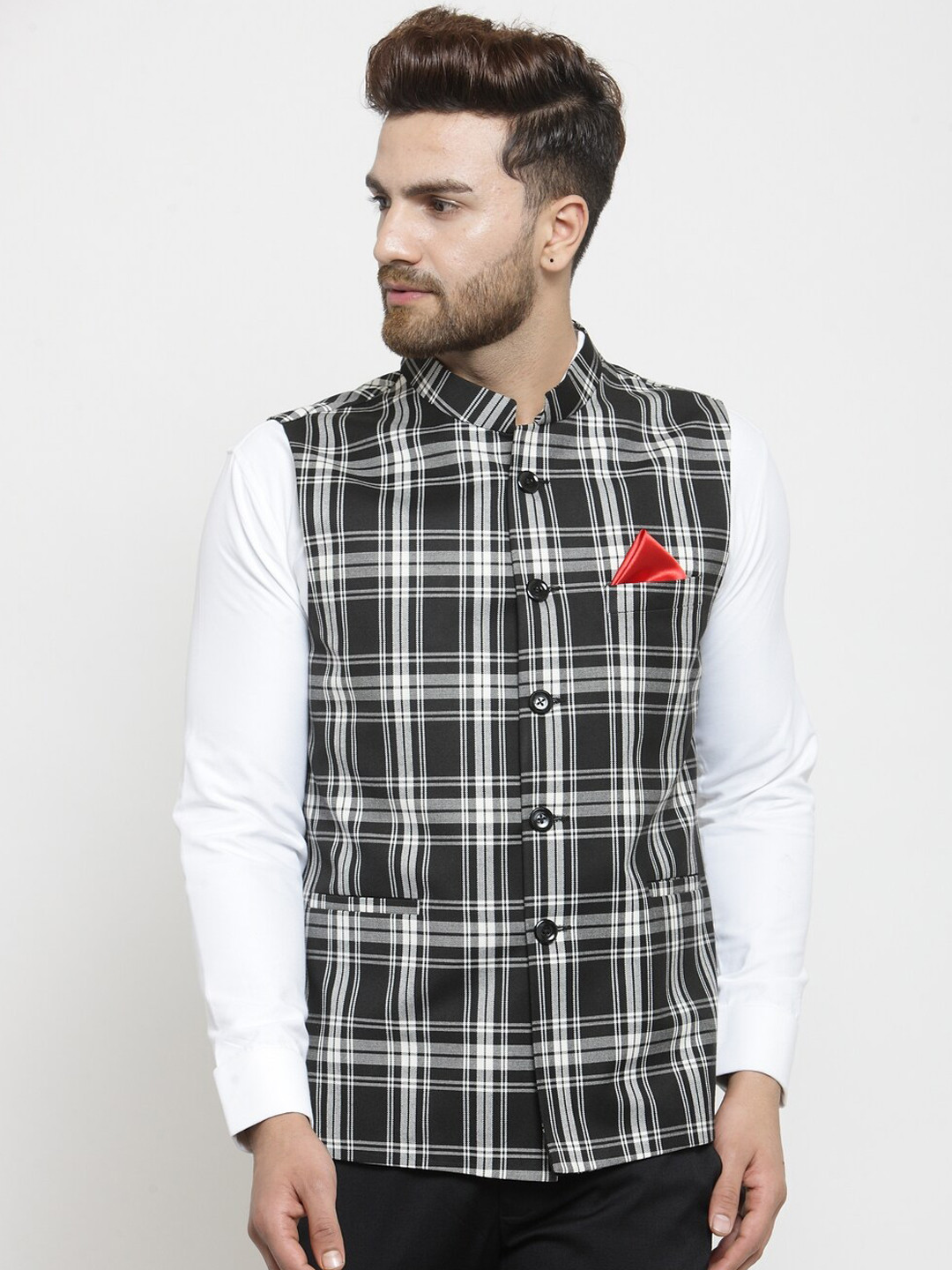 LUXURAZI Men Black Checked Waistcoat with Pocket Square