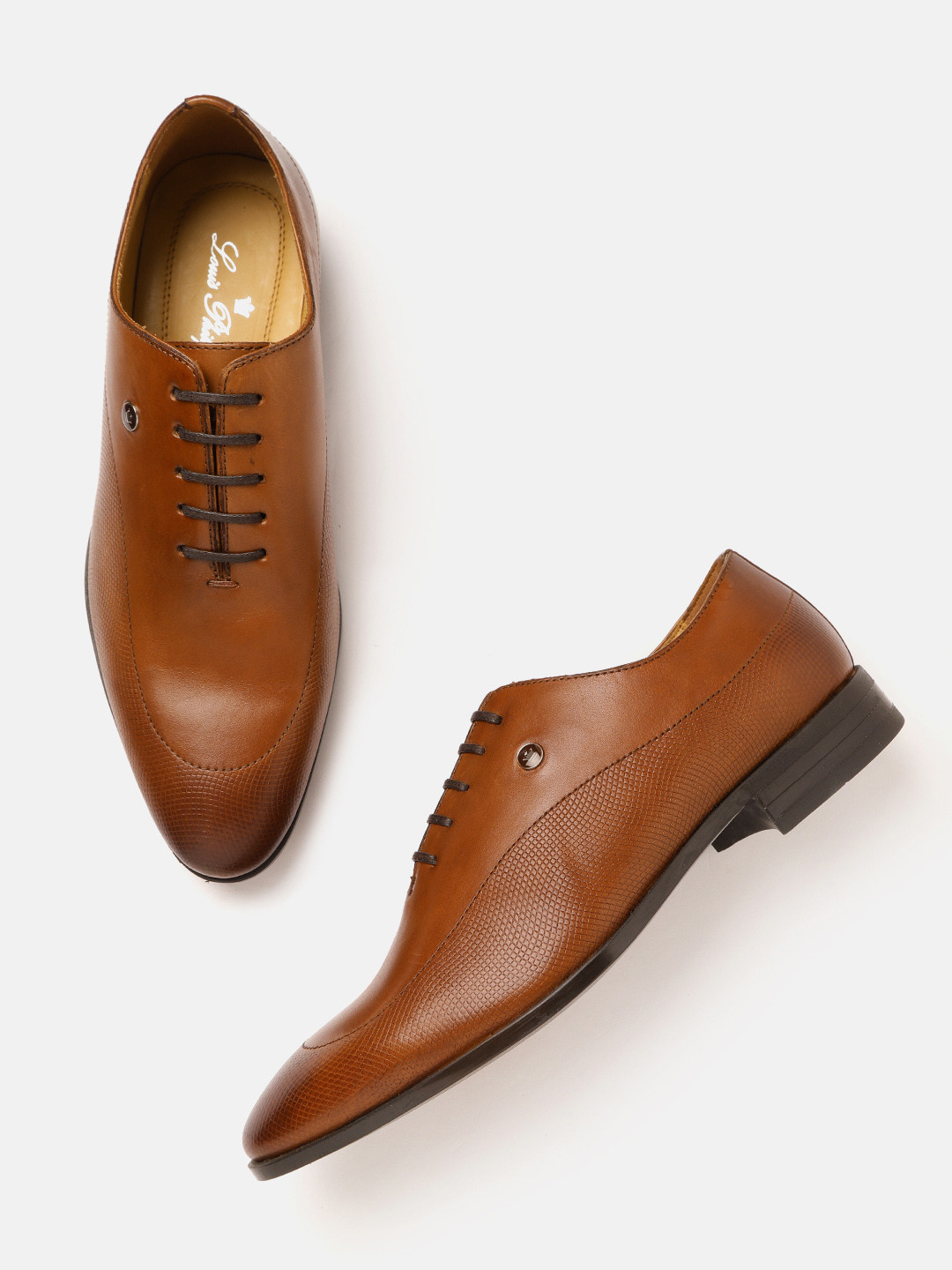 Louis Philippe Men Brown Solid Leather Formal Oxfords with Textured Detail