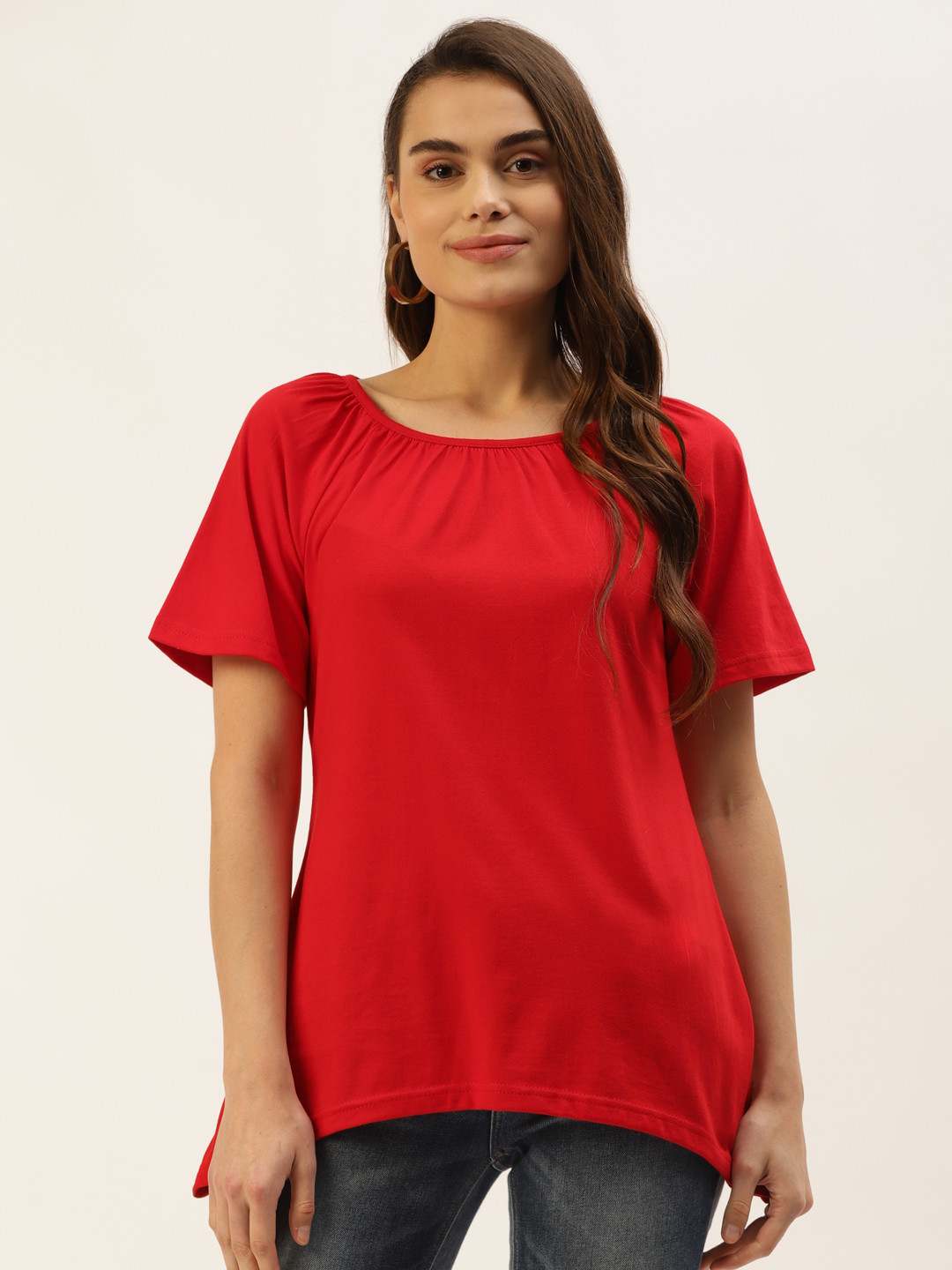 BRINNS Red Solid Pure Cotton Curved Hem Top