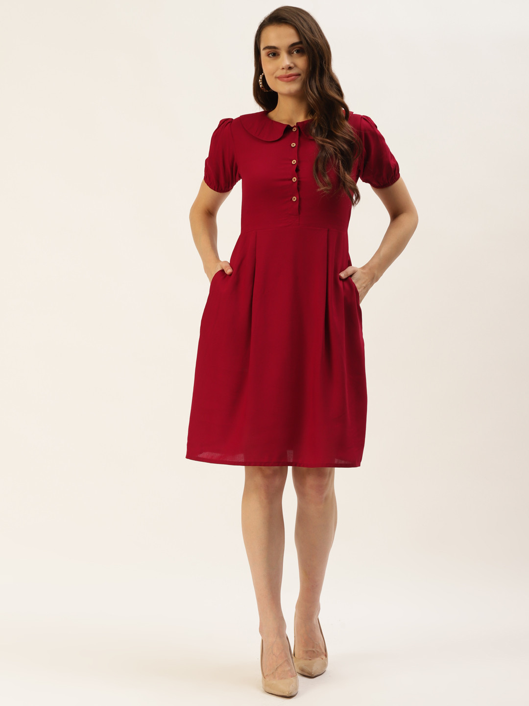 BRINNS Maroon Peter Pan Collar A-Line Dress