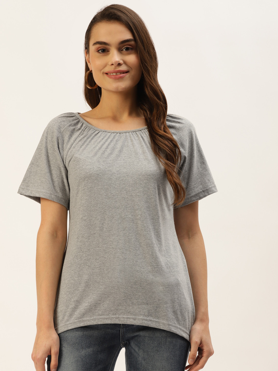 BRINNS Grey Melange Solid Pure Cotton Curved Hem Top