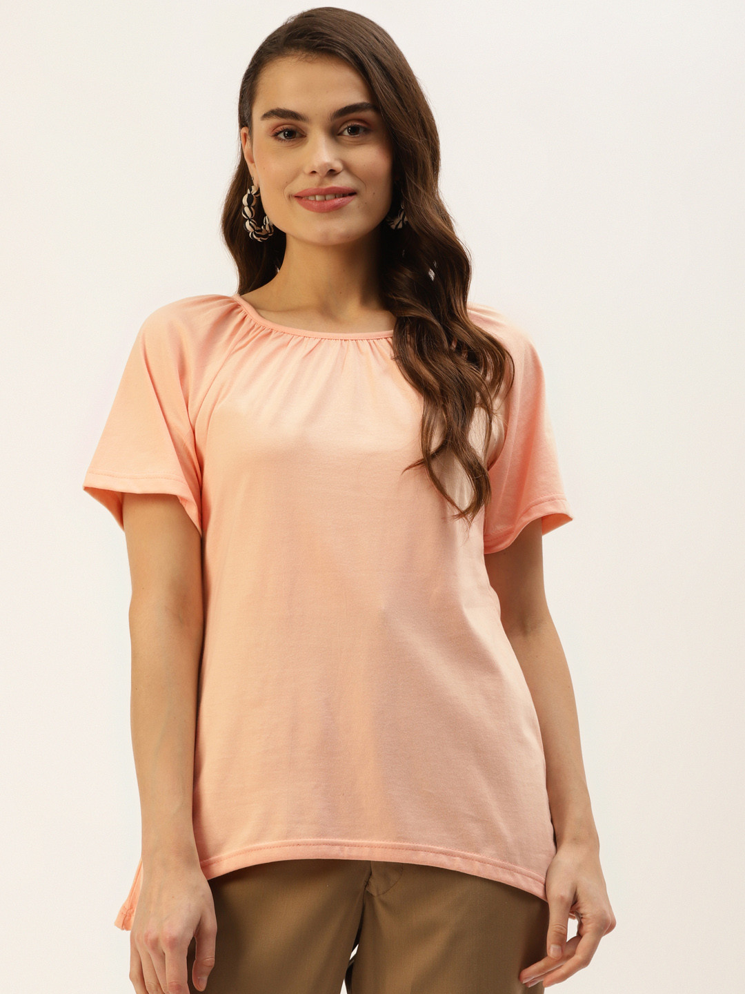 BRINNS Peach-Coloured Solid Pure Cotton Curved Hem Top