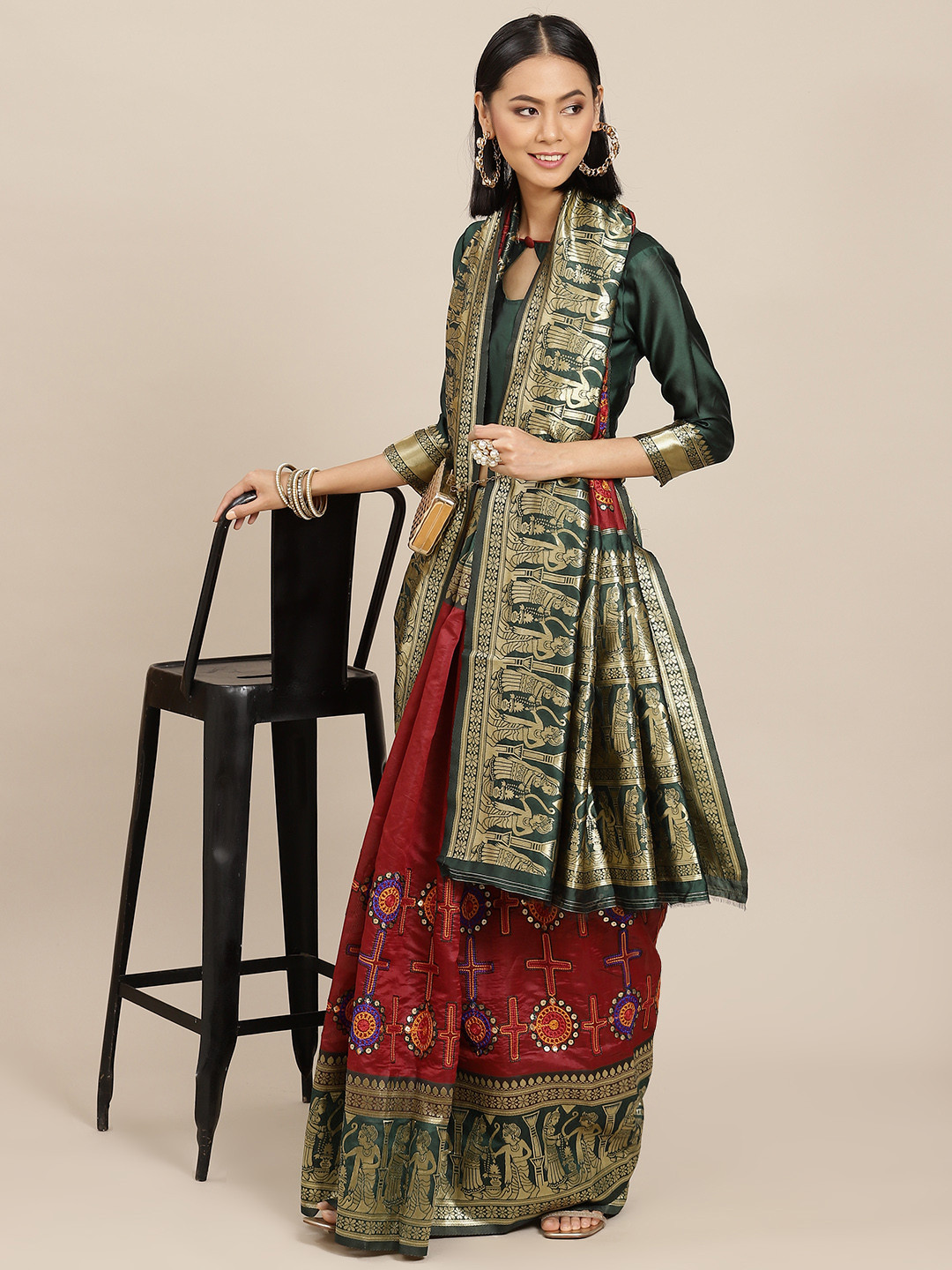 SERONA FABRICS Red & Green Woven Design Zari Silk Blend Banarasi Saree