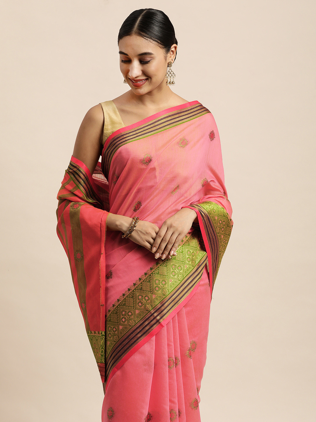 Saree Swarg Pink & Gold-Toned Ethnic Motifs Zari Chanderi Sarees