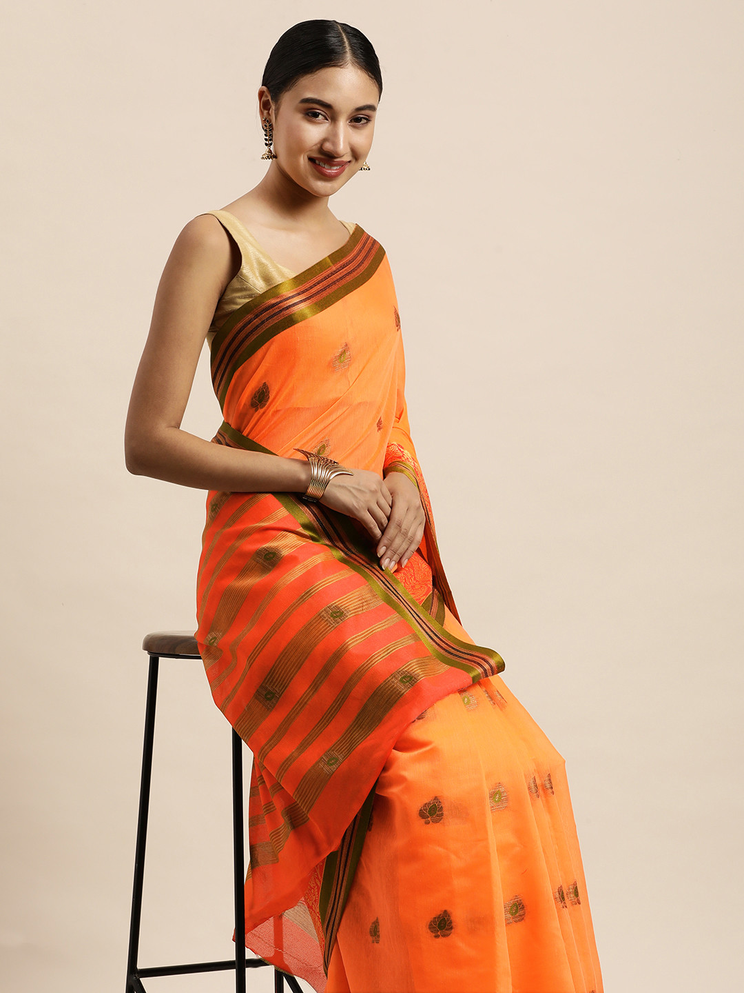 Saree Swarg Orange & Gold-Toned Ethnic Motifs Zari Chanderi Sarees