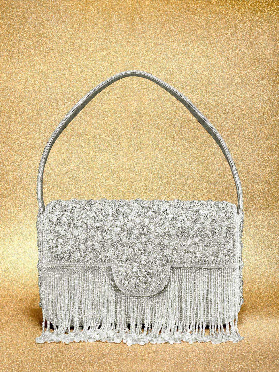 Peora Silver-Toned Embellished Stone Studded Purse Clutch