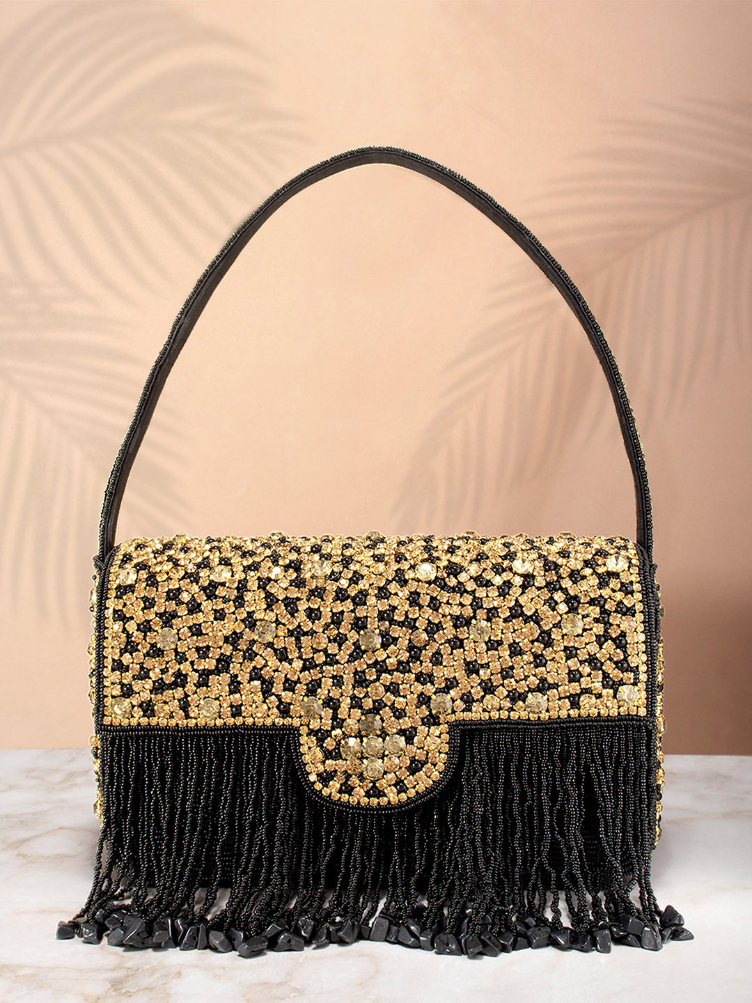 Peora Black & Gold-Toned Stone Studded Embellished Purse Clutch