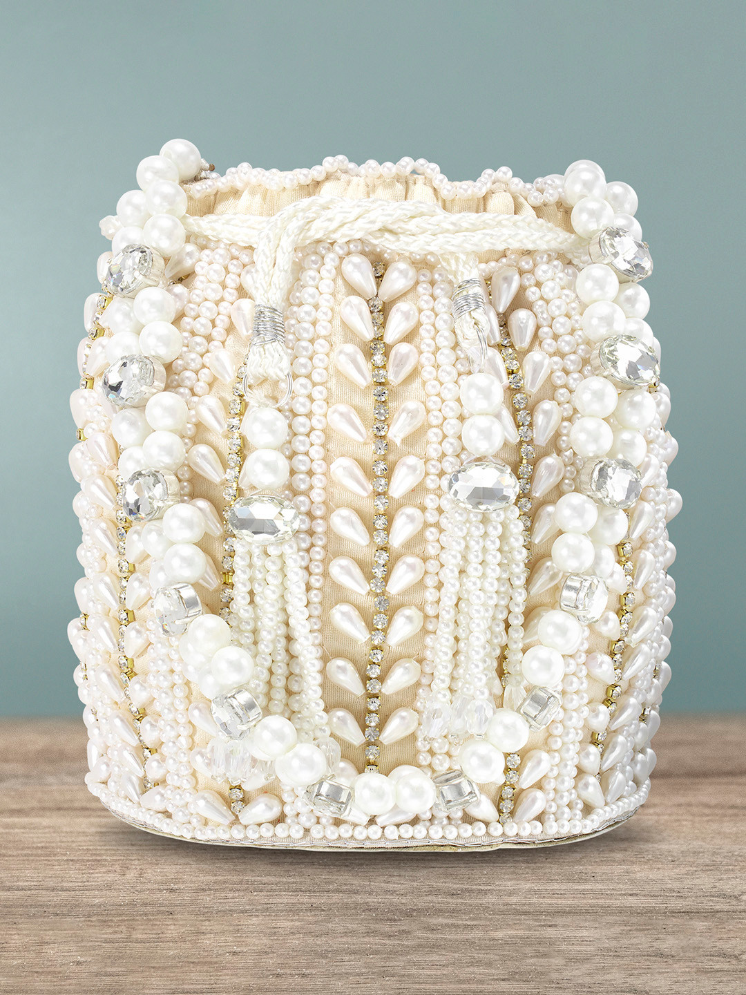 Peora White Embroidered Potli Clutch