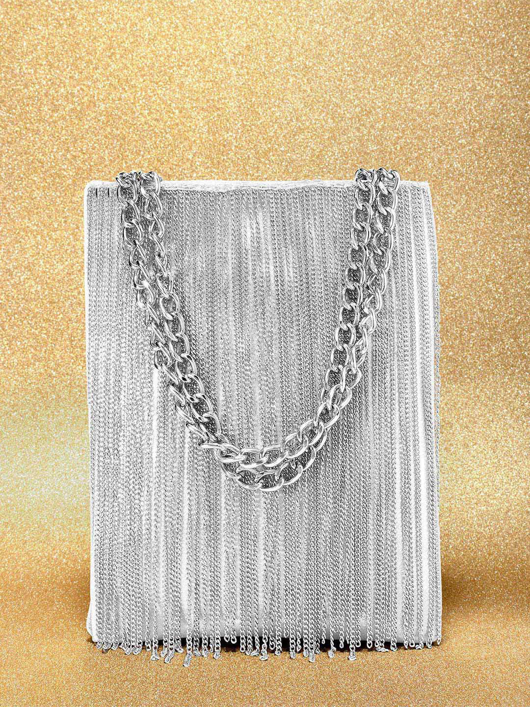 Peora Silver-Toned Embellished Fringed Purse Clutch