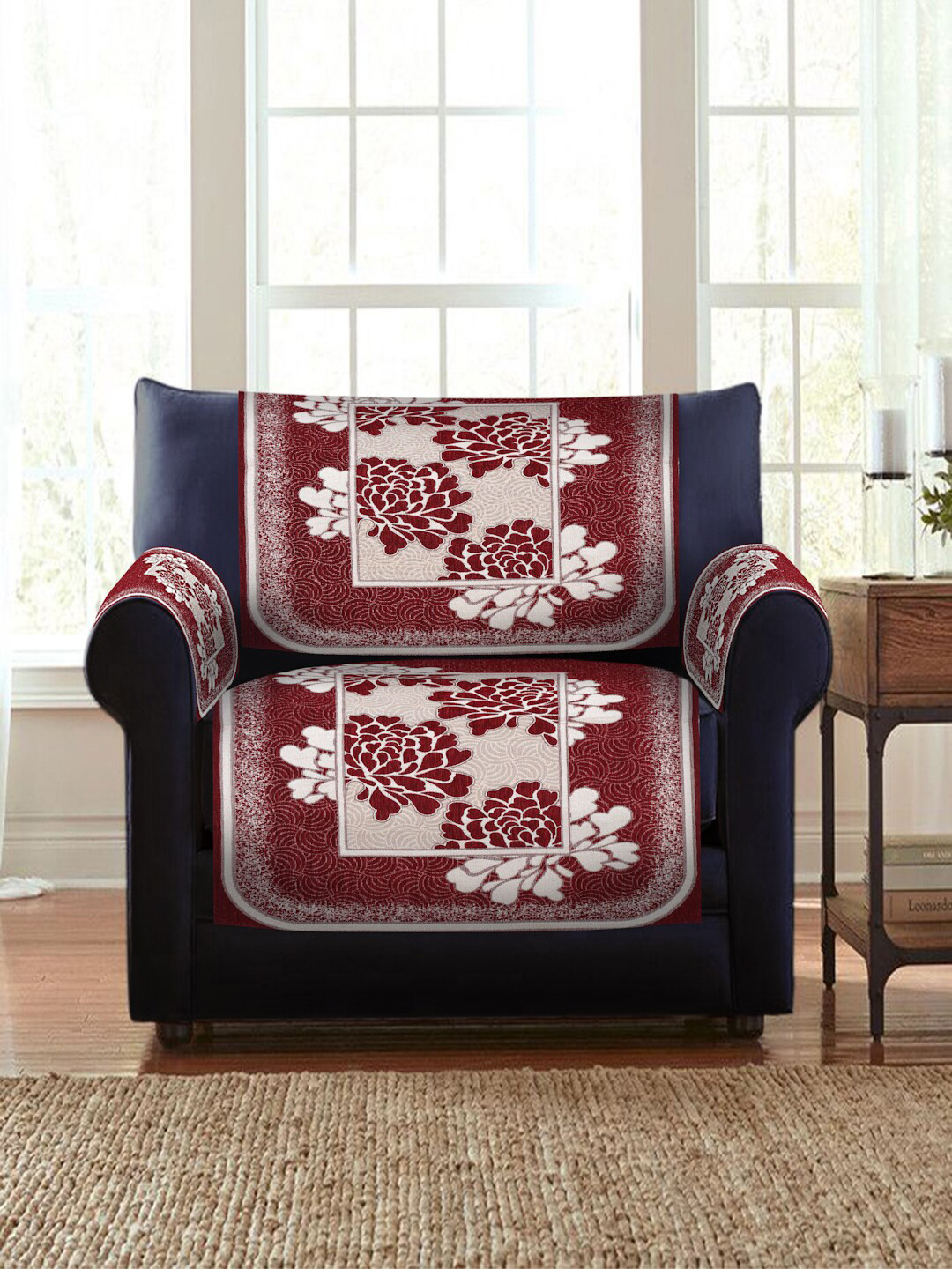 HOSTA HOMES Red & White Jacquard Velvet 5-Seater Sofa Cover