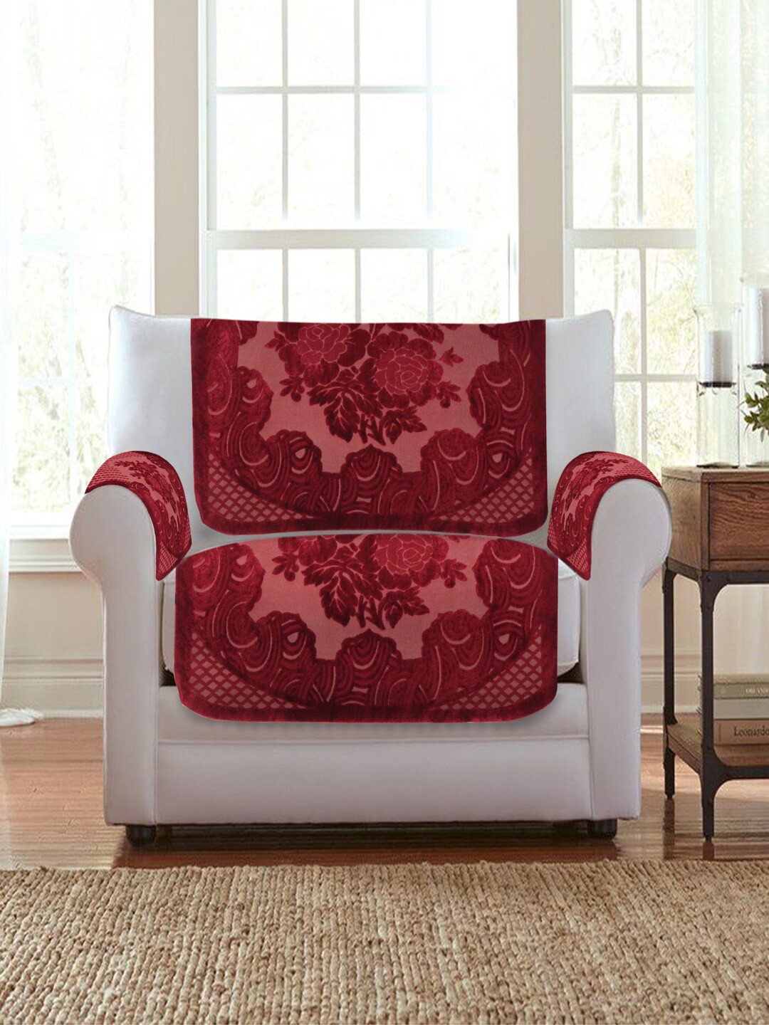 HOSTA HOMES Maroon 16 Pcs Printed 5-Seater Sofa Cover