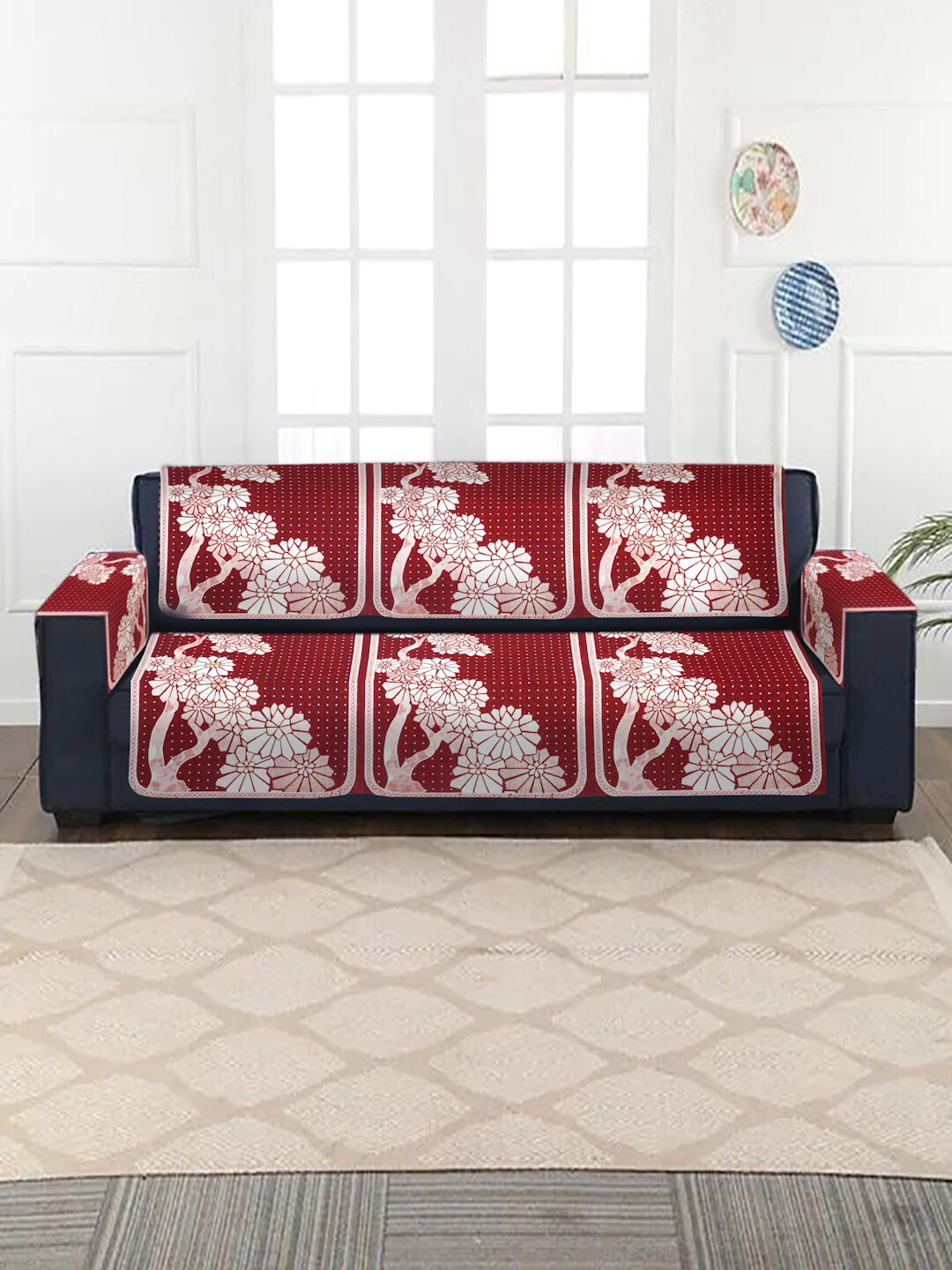 HOSTA HOMES Set of 16 Red Jacquard Velvet 5 Seater Sofa Cover With Arm Rest