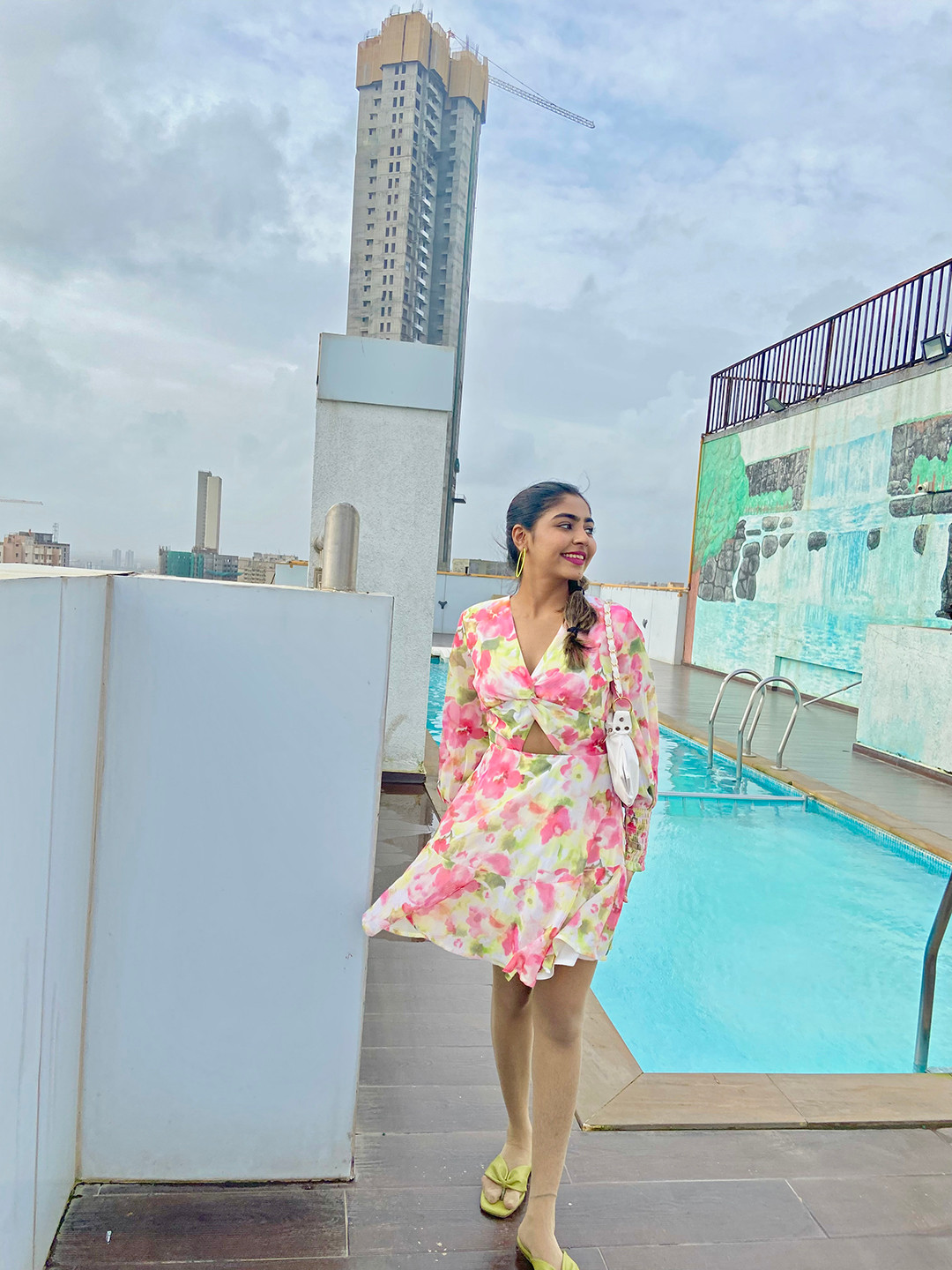 SASSAFRAS Women Floral Print Front Knot Cut-Out Detail A-Line Dress