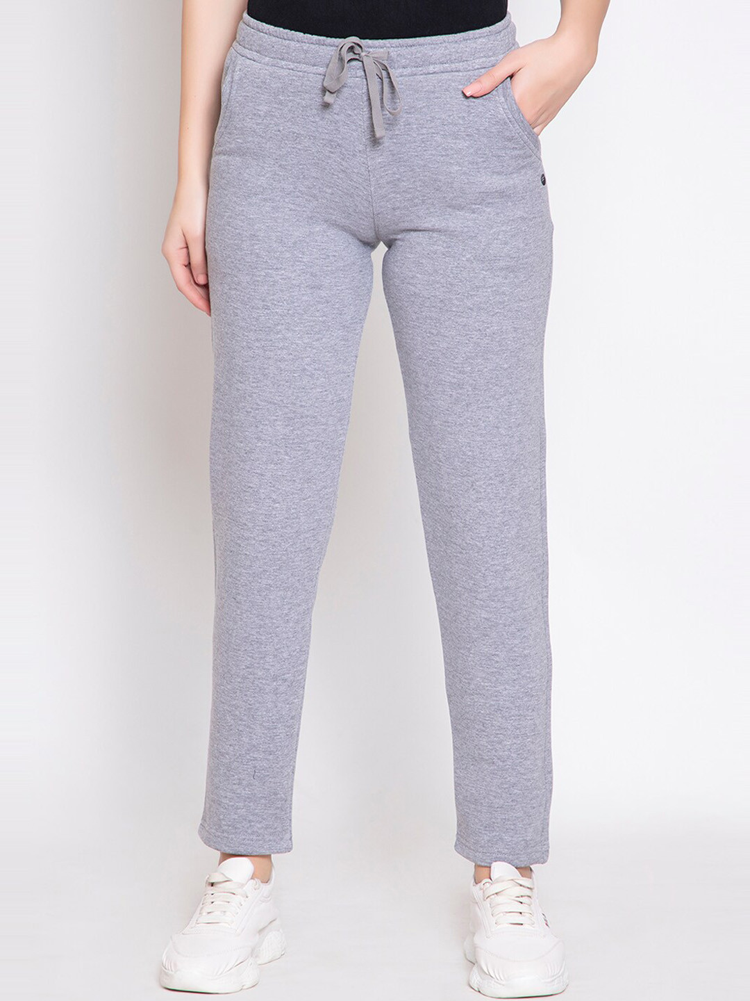 FEMEA Women Grey Solid Slim-Fit Fleece Track Pants