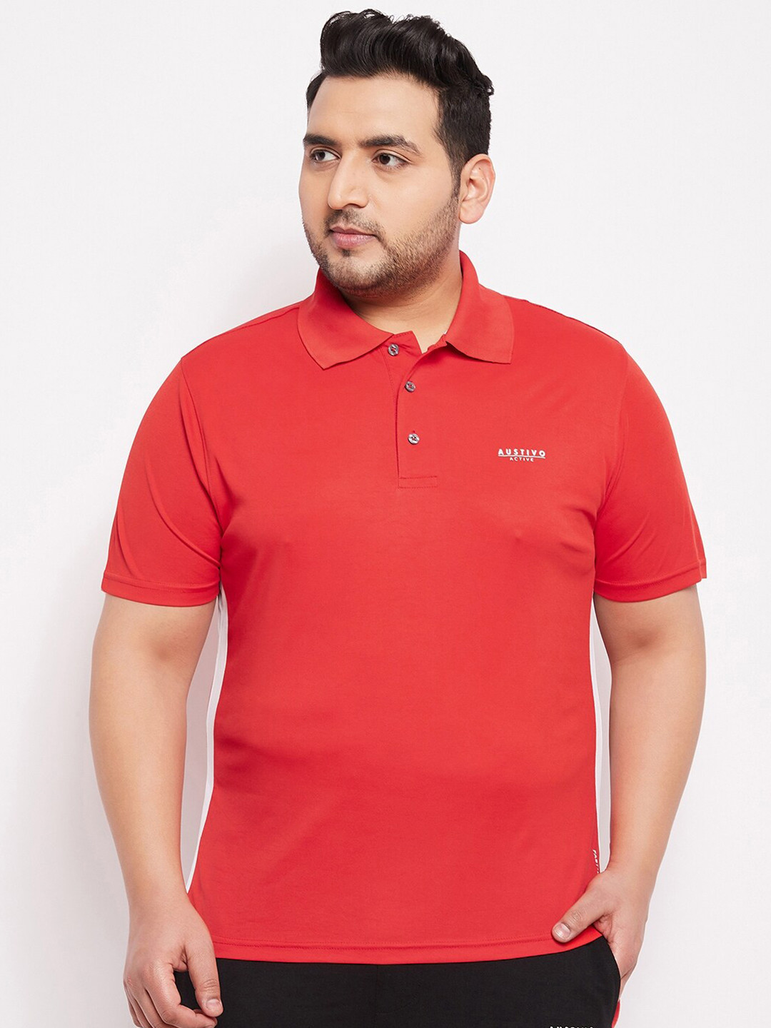 AUSTIVO Men Plus Size Red Polo Collar Sports Running T-shirt
