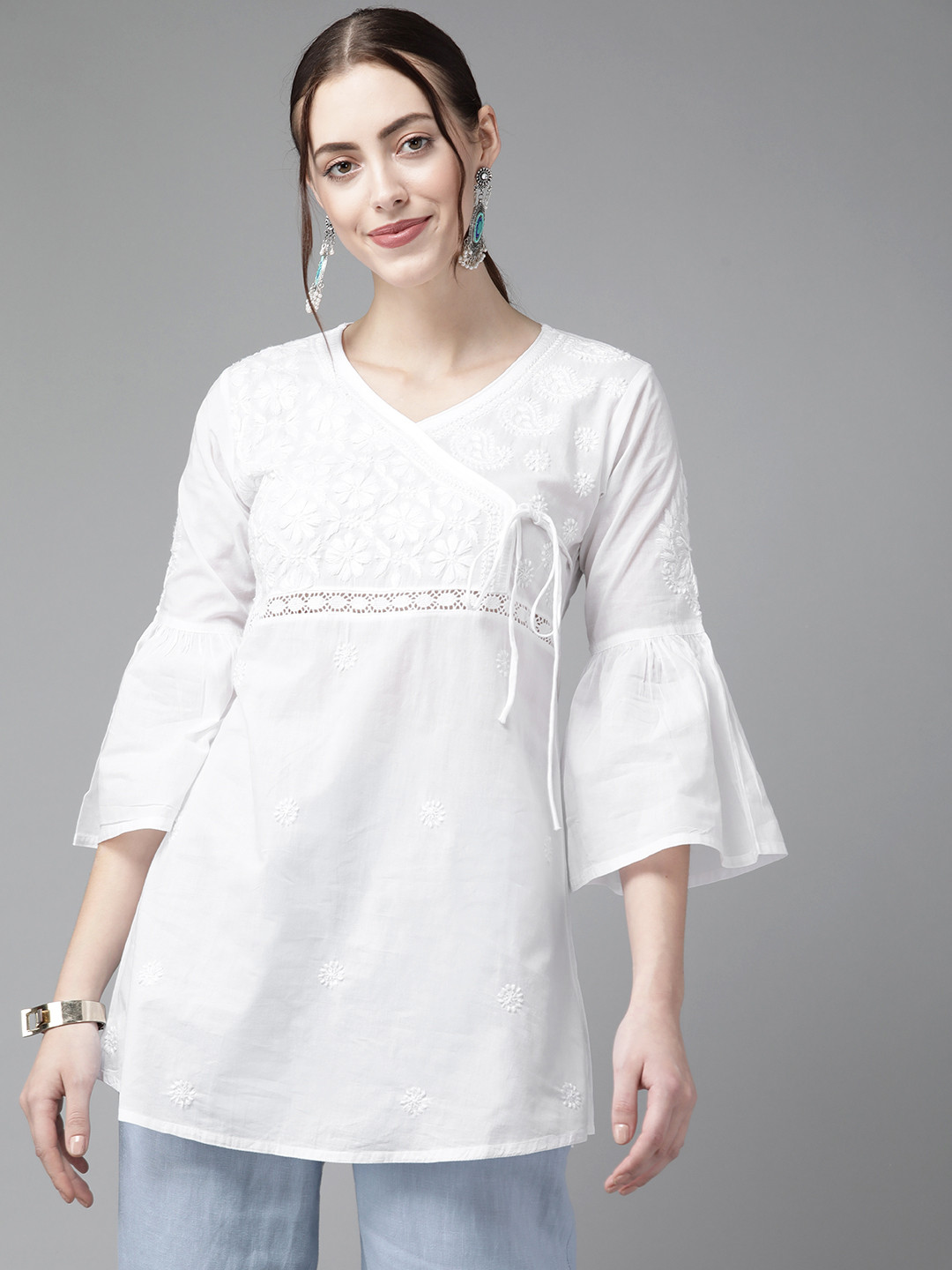 ADA White Ethnic Motifs Embroidered V-Neck Flared Sleeves Chikankari Angrakha Handloom Kurti