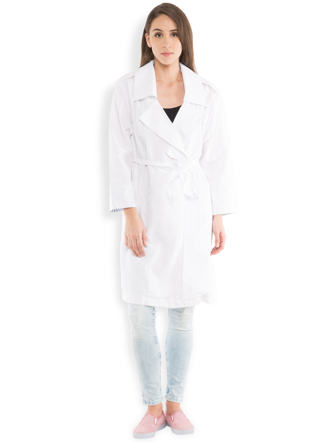 Tokyo Talkies White Double-Breasted Trench Coat