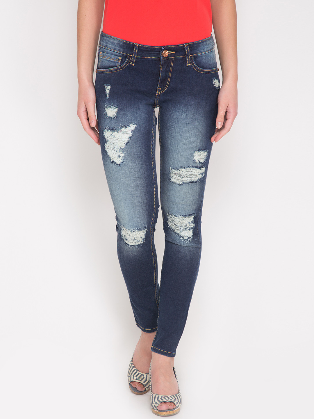 Tokyo Talkies Women Blue Super Skinny Fit Low Rise Mildly Distressed Stretchable Jeans