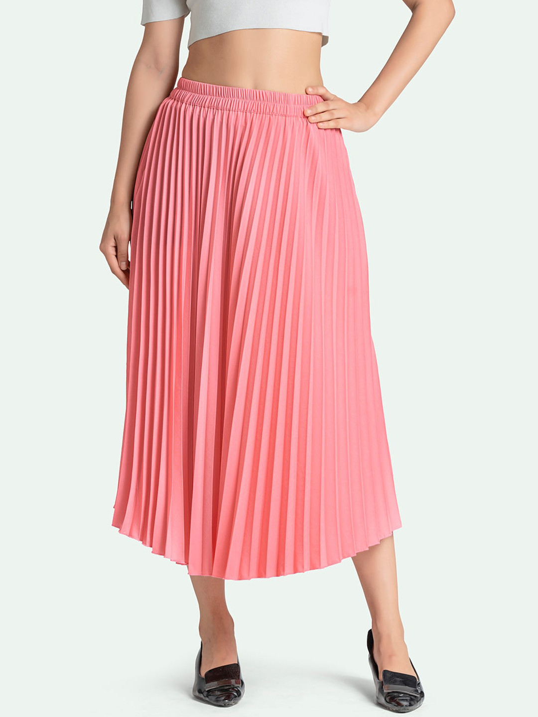 AASK Women Pink Accordion Pleats Maxi Skirt