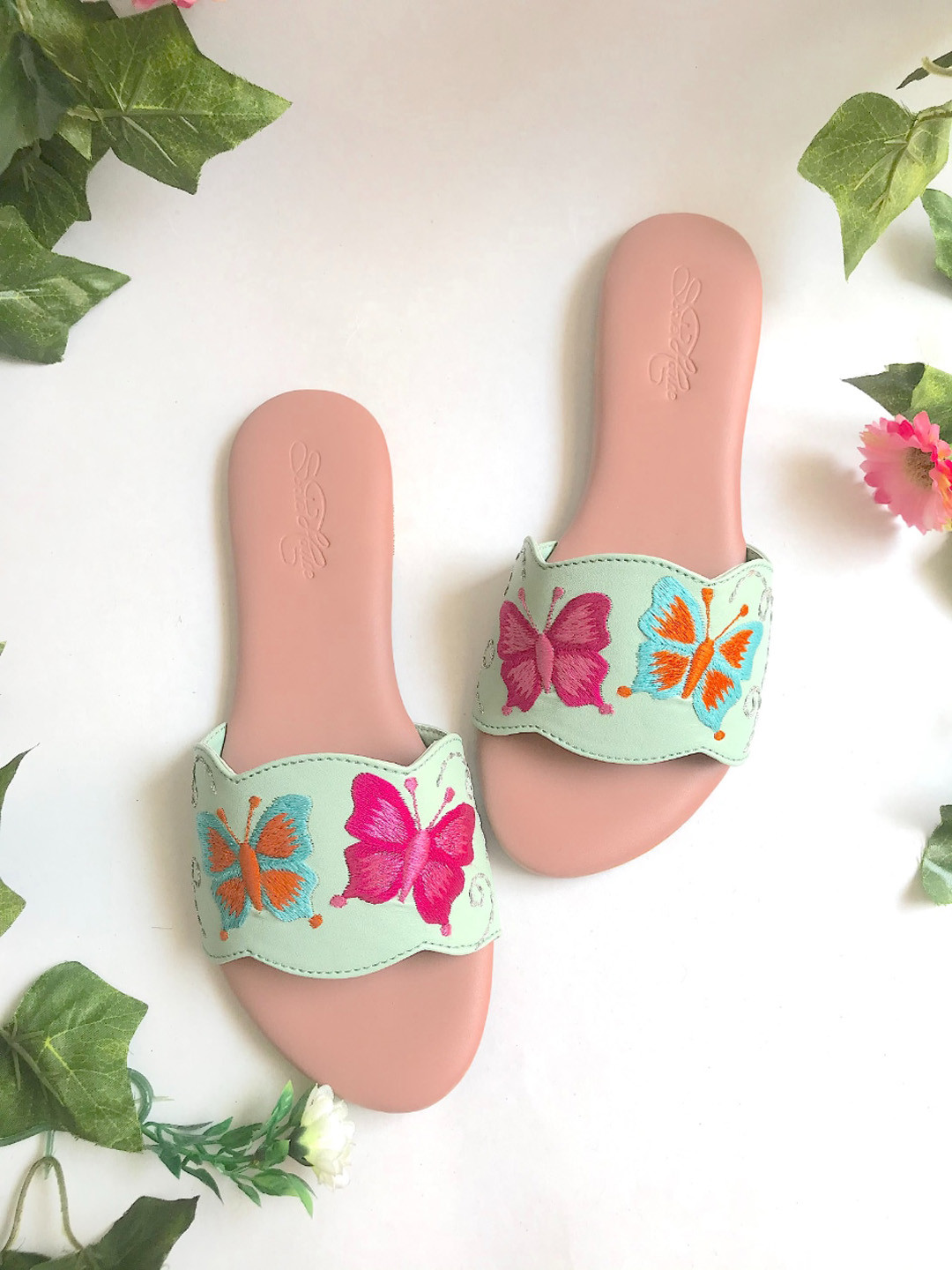 Sole House Women Green & Pink Embroidered Open Toe Flats