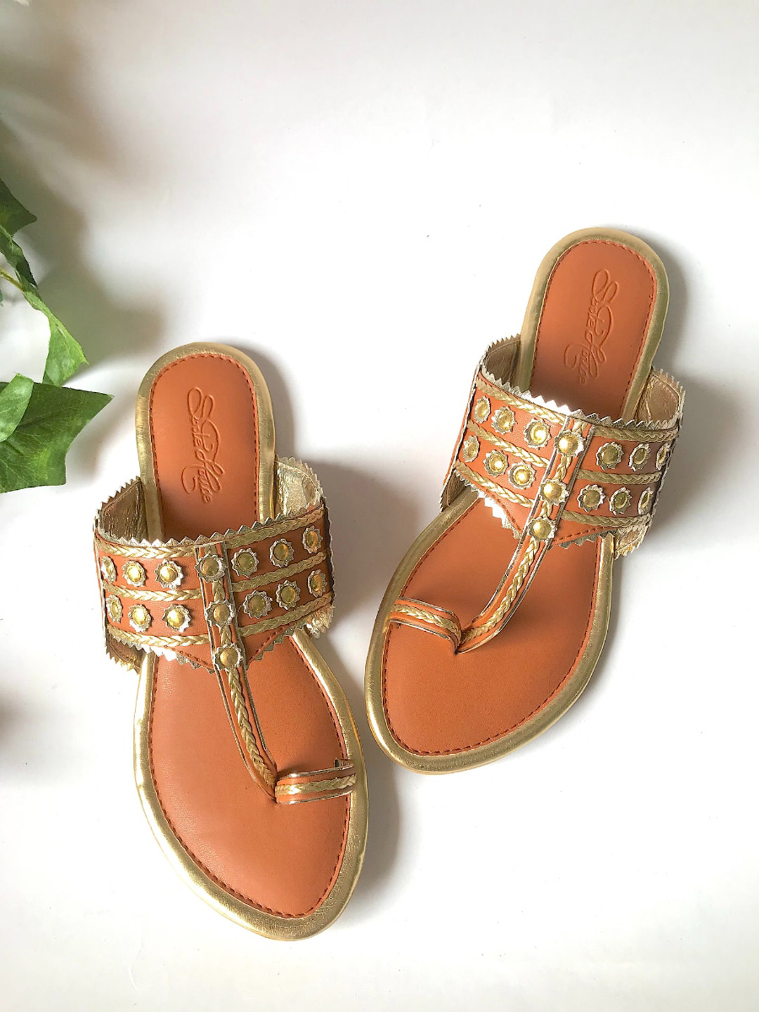 Sole House Women Tan Filigree Kolapuri One Toe Flats