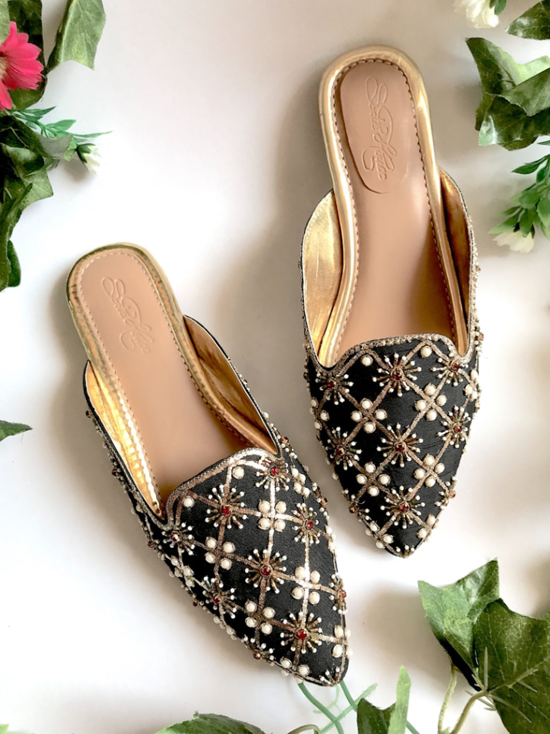 Sole House Women Black & White Embellished Leather Ethnic Open Toe Flats