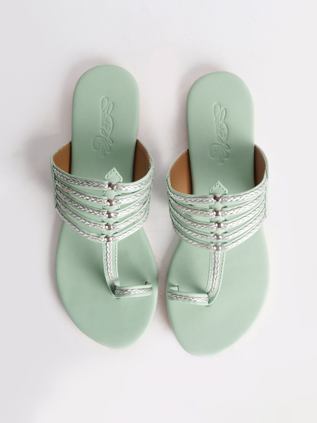 Sole House Women Sea Green Woven Design One Toe Flats
