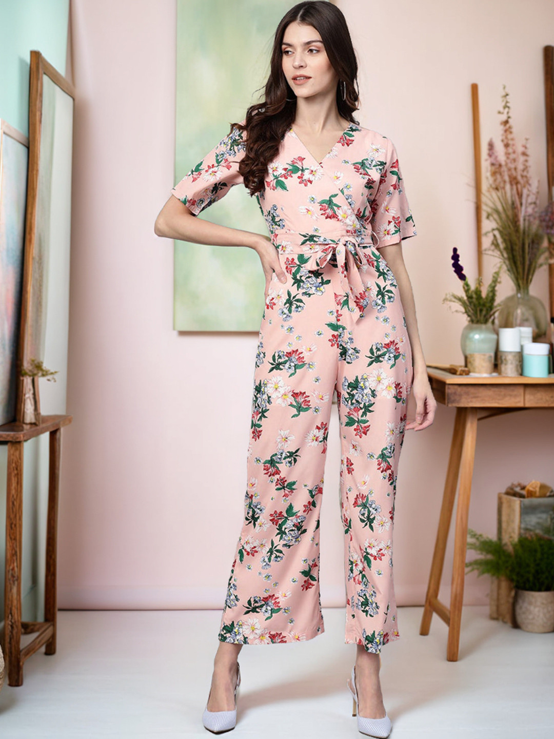 Zima Leto Women Pink & Green Floral Printed Basic Jumpsuit