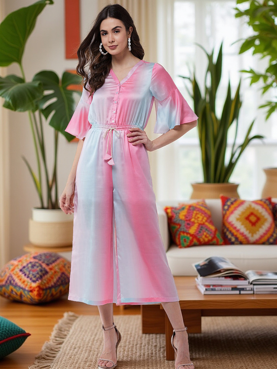 Zima Leto Pink & Blue Ombre Effect Printed Basic Jumpsuit