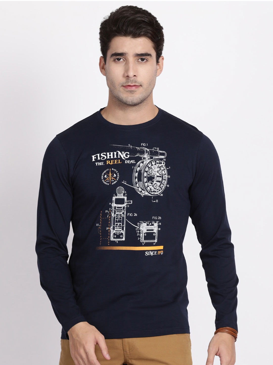 t-base Men Navy Blue Printed Pure Cotton Regular Fit T-shirt