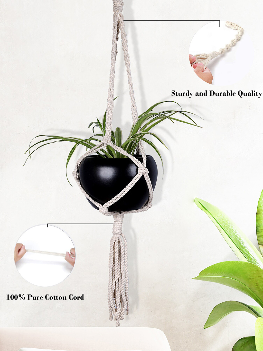 Homesake Black Hanging Jute Macrame Planter with White Pot