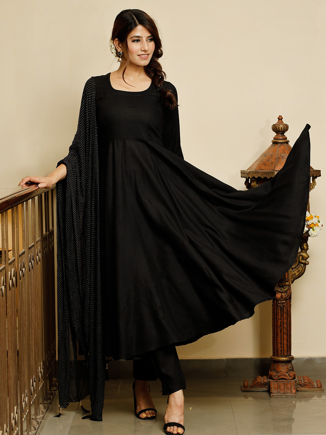 PHEETA Women Black Empire Kurta with Trousers & With Dupatta